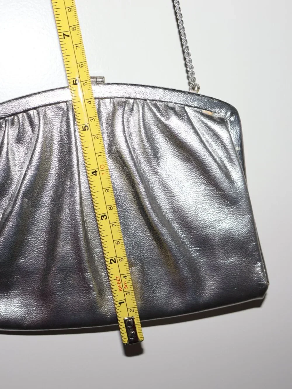 Vintage Silver Metallic Leather Chain Strap Evening Clutch Shoulder Bag